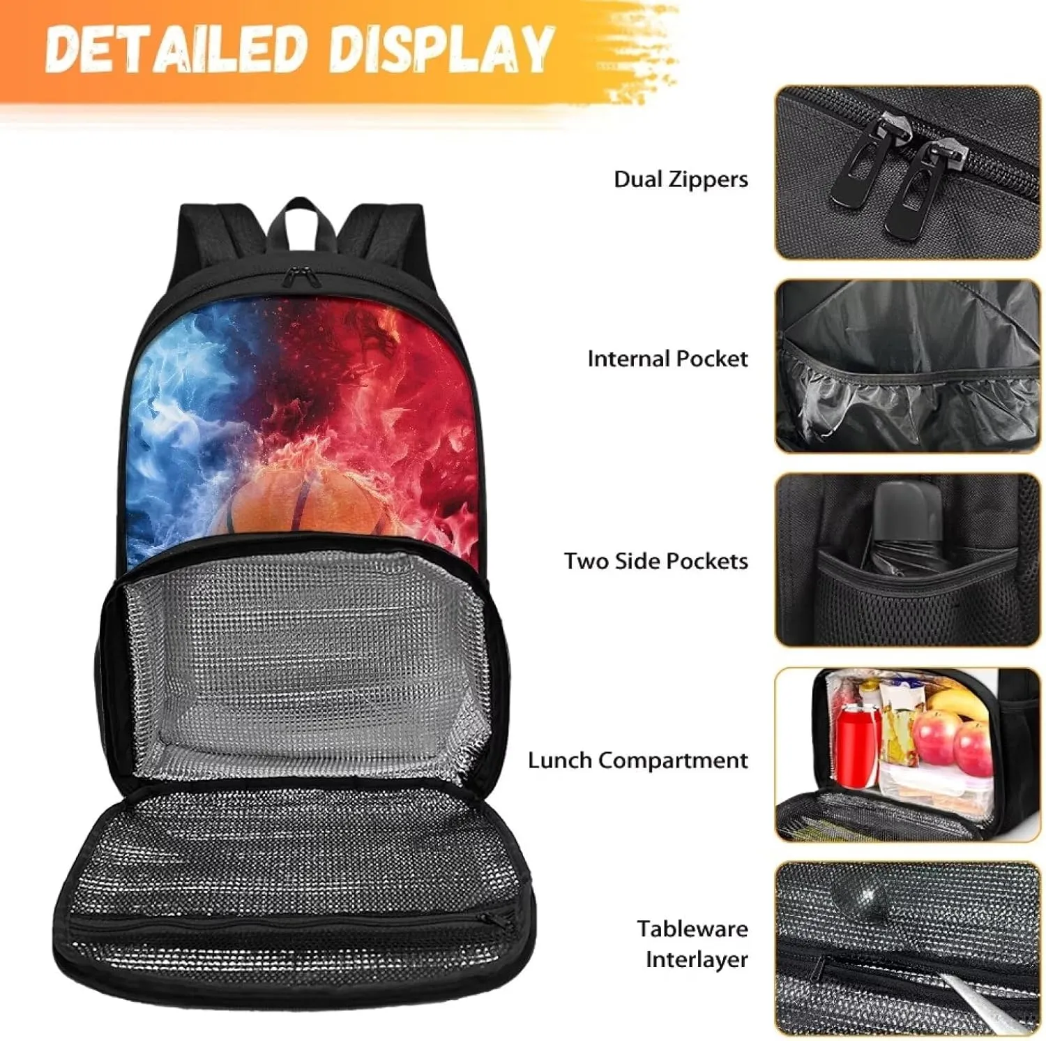 Rnyleeg Basketball Printing 17 Inch Insulated Cooler Backpack Lunch Box Hiking Picnic Cooler Backpack Meal Prep Backpack, Large Capacity School Bag for Boys
