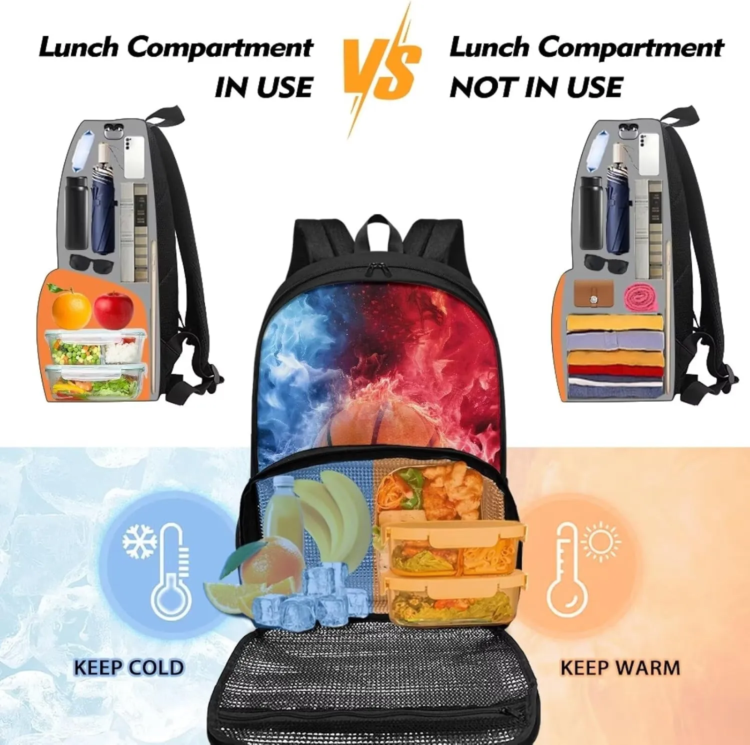 Rnyleeg Basketball Printing 17 Inch Insulated Cooler Backpack Lunch Box Hiking Picnic Cooler Backpack Meal Prep Backpack, Large Capacity School Bag for Boys