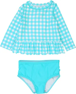 RuffleButts Baby/Toddler Girls Scalloped Long Sleeve Rash Guard 2-Piece UPF50  Sun Protected Swimsuit