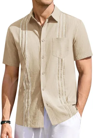Runcati Mens Linen Shirt Guayabera Cuban Short Sleeve Button Down Summer Beach Hippie Shirts