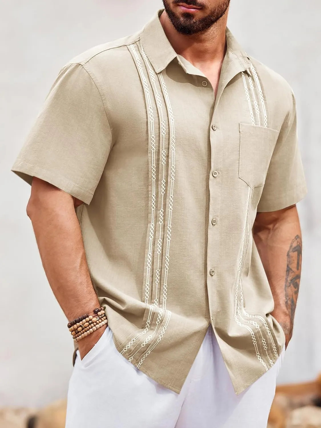 Runcati Mens Linen Shirt Guayabera Cuban Short Sleeve Button Down Summer Beach Hippie Shirts