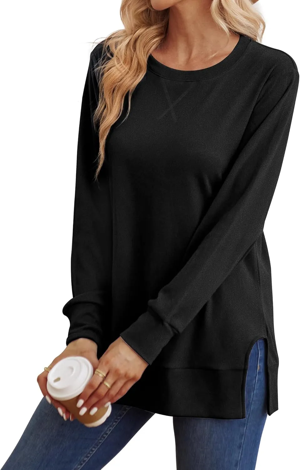 Saloogoe Sweatshirt for women Side Split Fall Fashion 2025 Long Sleeve Shirts Trending Now