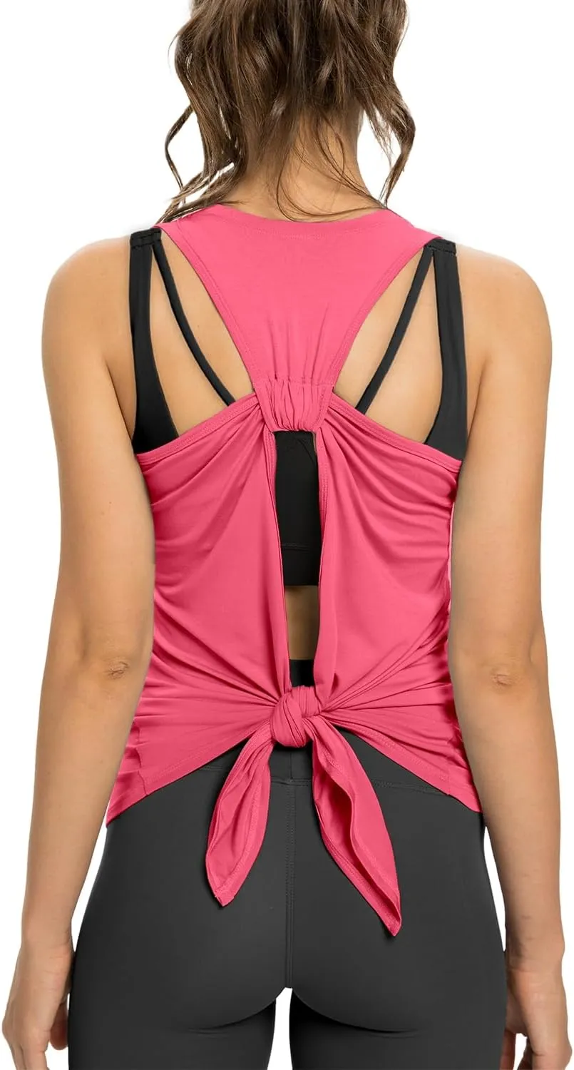 Sanutch Open Back Workout Top Backless Yoga Shirts Tie Back Workout Tank for Women