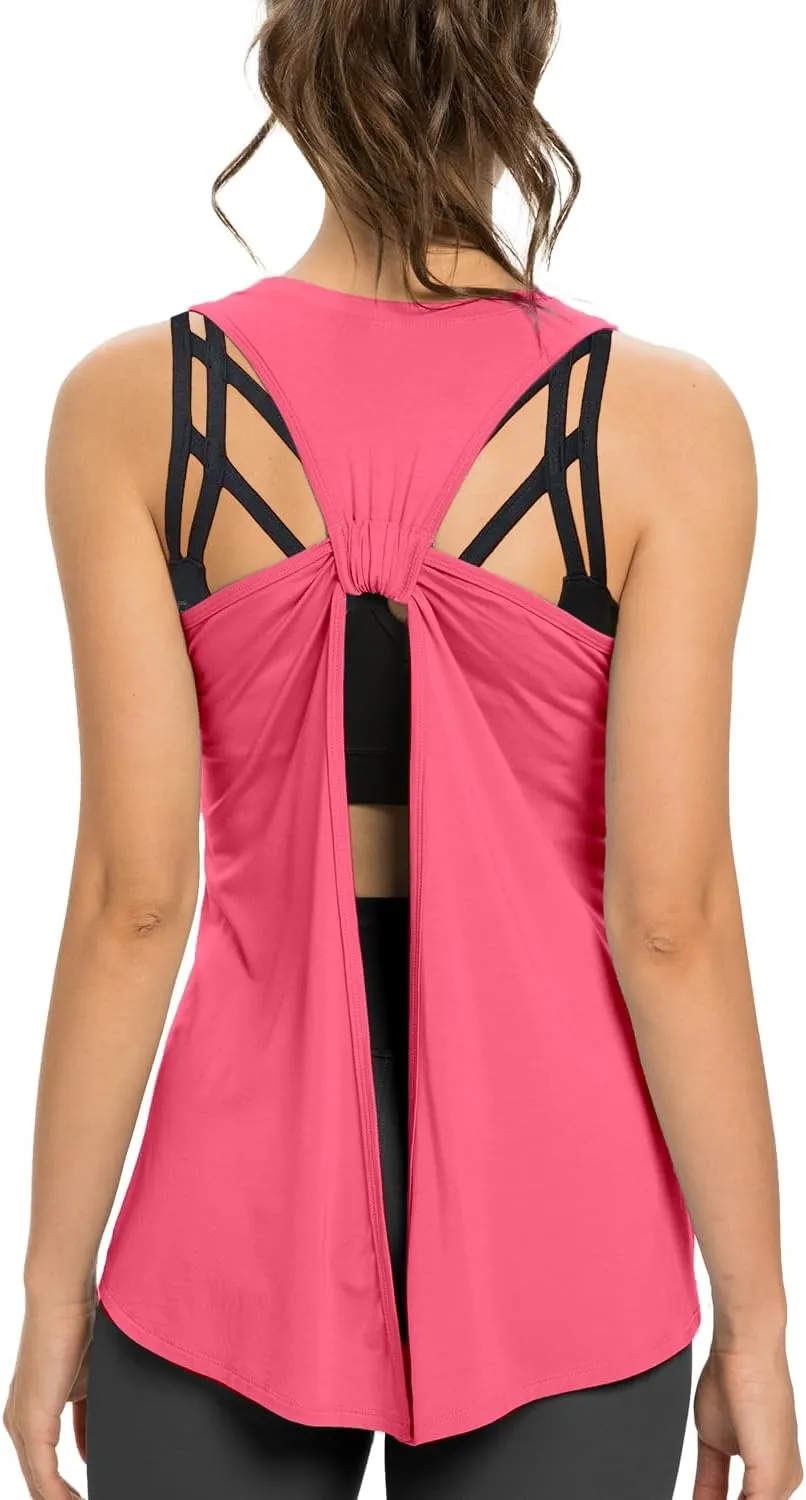 Sanutch Open Back Workout Top Backless Yoga Shirts Tie Back Workout Tank for Women
