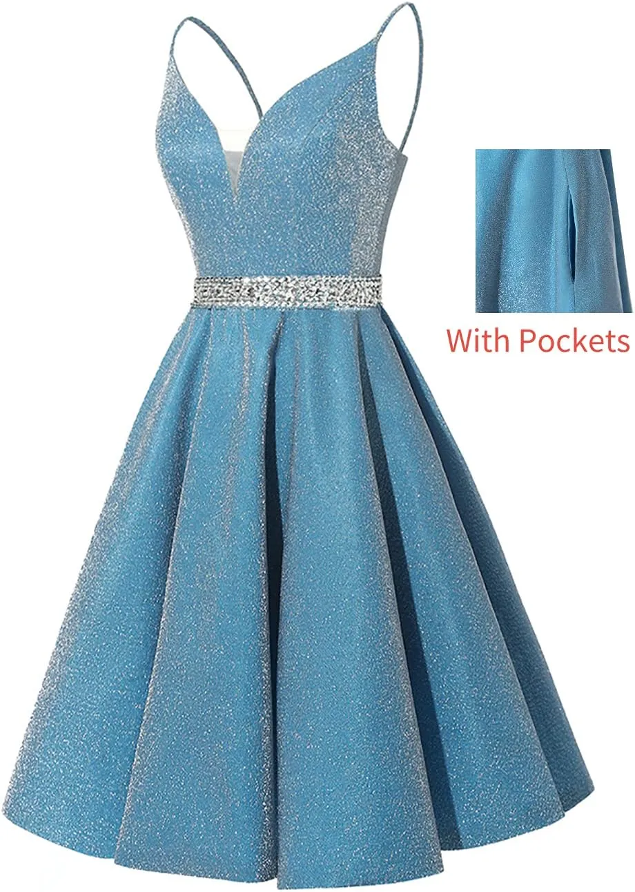 Satin Homecoming Dresses 2025 Spaghetti Straps Short Prom Dresses V-Neck Beaded Evening Formal Party Gowns