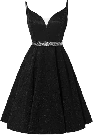 Satin Homecoming Dresses 2025 Spaghetti Straps Short Prom Dresses V-Neck Beaded Evening Formal Party Gowns