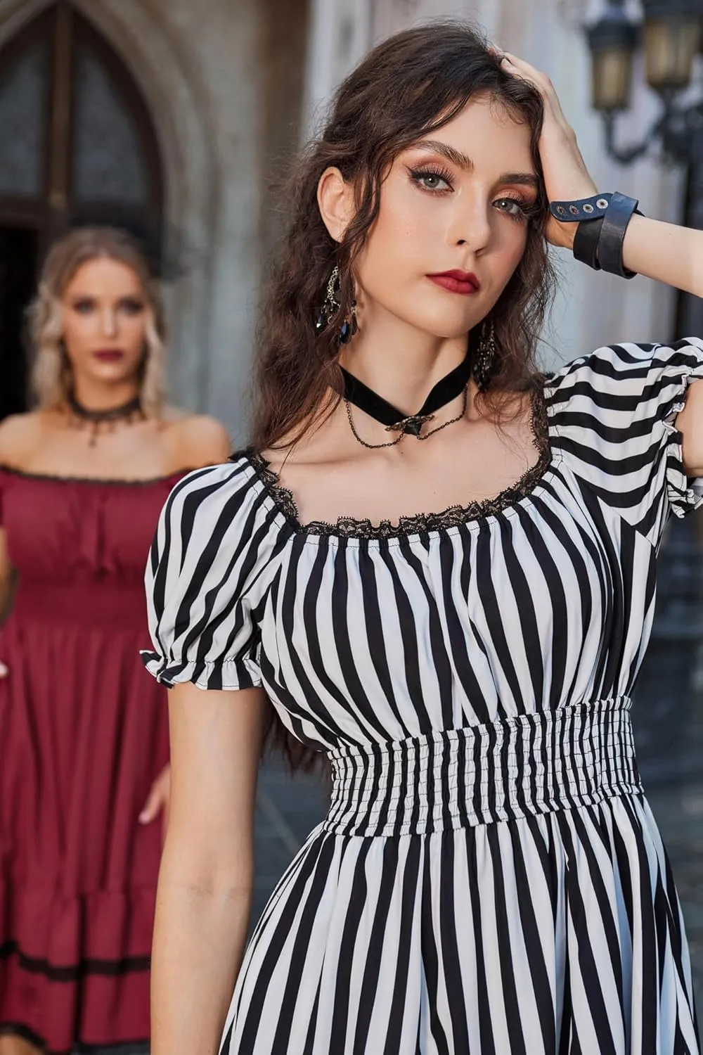 Scarlet Darkness Gothic Victorian Dresses Renaissance Costume Women Midi Dress