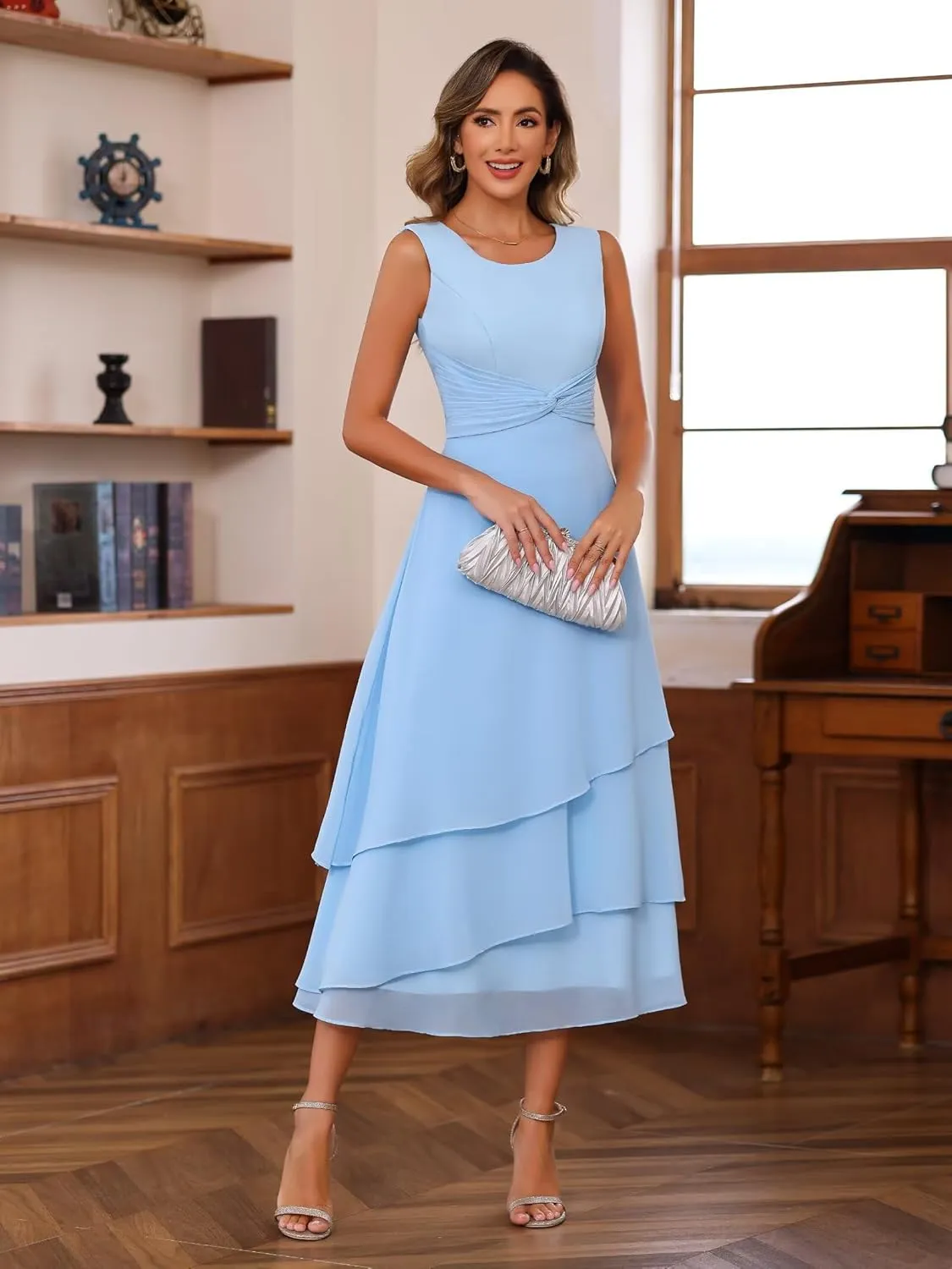 SEIM 2 Pieces Tea Length Mother of The Bride Dresses for Women Scoop Neck Chiffon Formal Evening Dress SE984