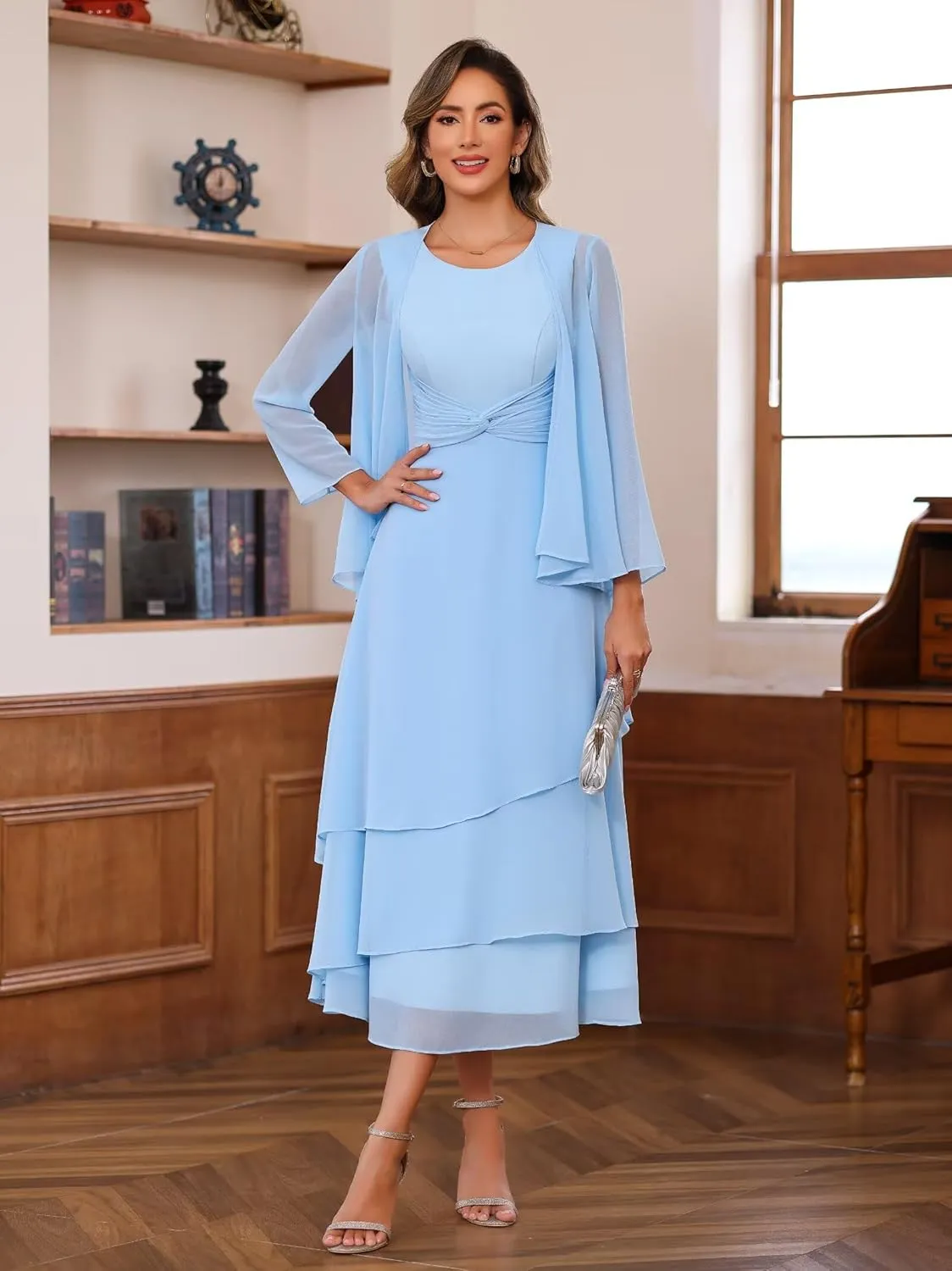 SEIM 2 Pieces Tea Length Mother of The Bride Dresses for Women Scoop Neck Chiffon Formal Evening Dress SE984