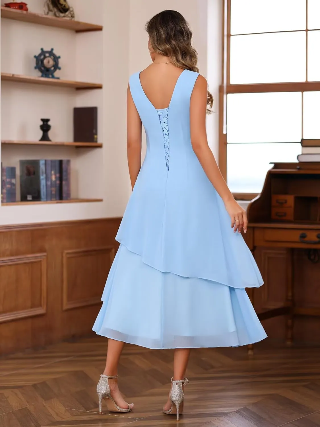 SEIM 2 Pieces Tea Length Mother of The Bride Dresses for Women Scoop Neck Chiffon Formal Evening Dress SE984