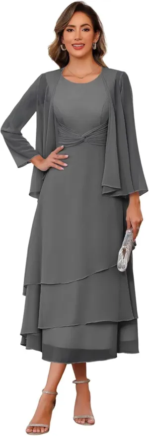 SEIM 2 Pieces Tea Length Mother of The Bride Dresses for Women Scoop Neck Chiffon Formal Evening Dress SE984