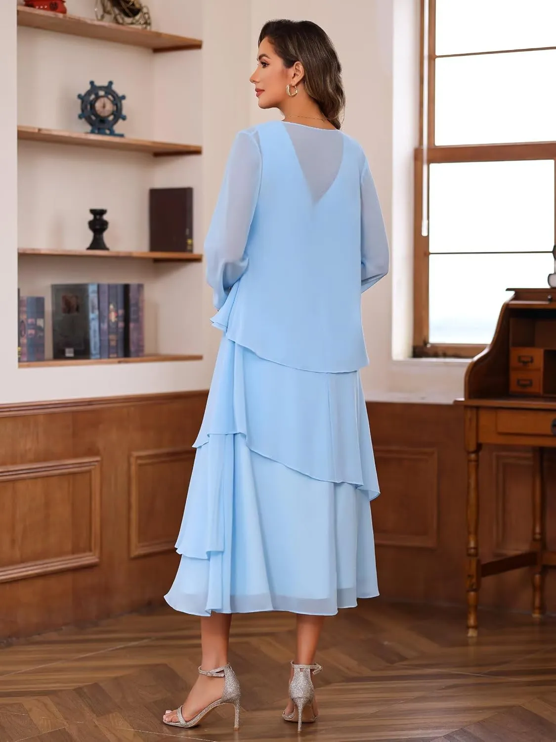 SEIM 2 Pieces Tea Length Mother of The Bride Dresses for Women Scoop Neck Chiffon Formal Evening Dress SE984