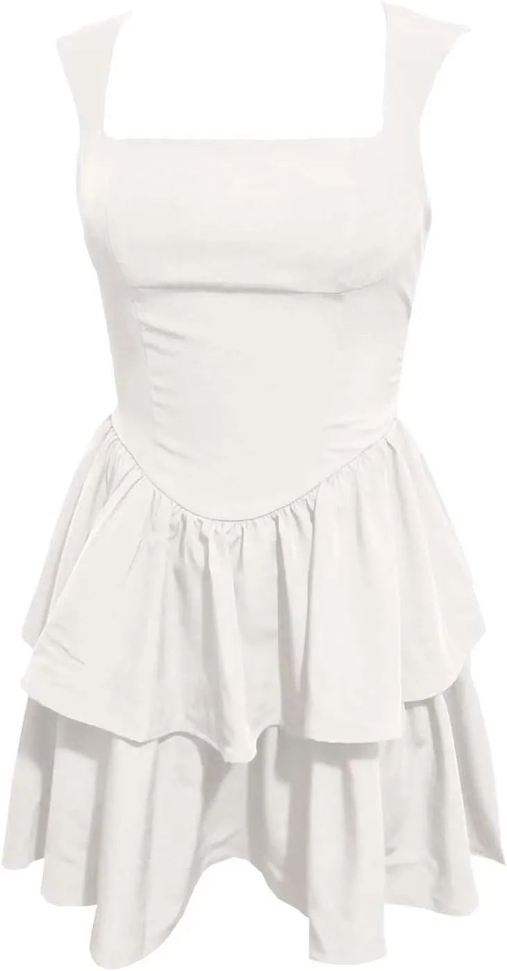 Sexy Bodycon Mini Dress with Square Neckline Double Layer Ruffle Hem Sleeveless Fit for Party Wear Summer Juniors