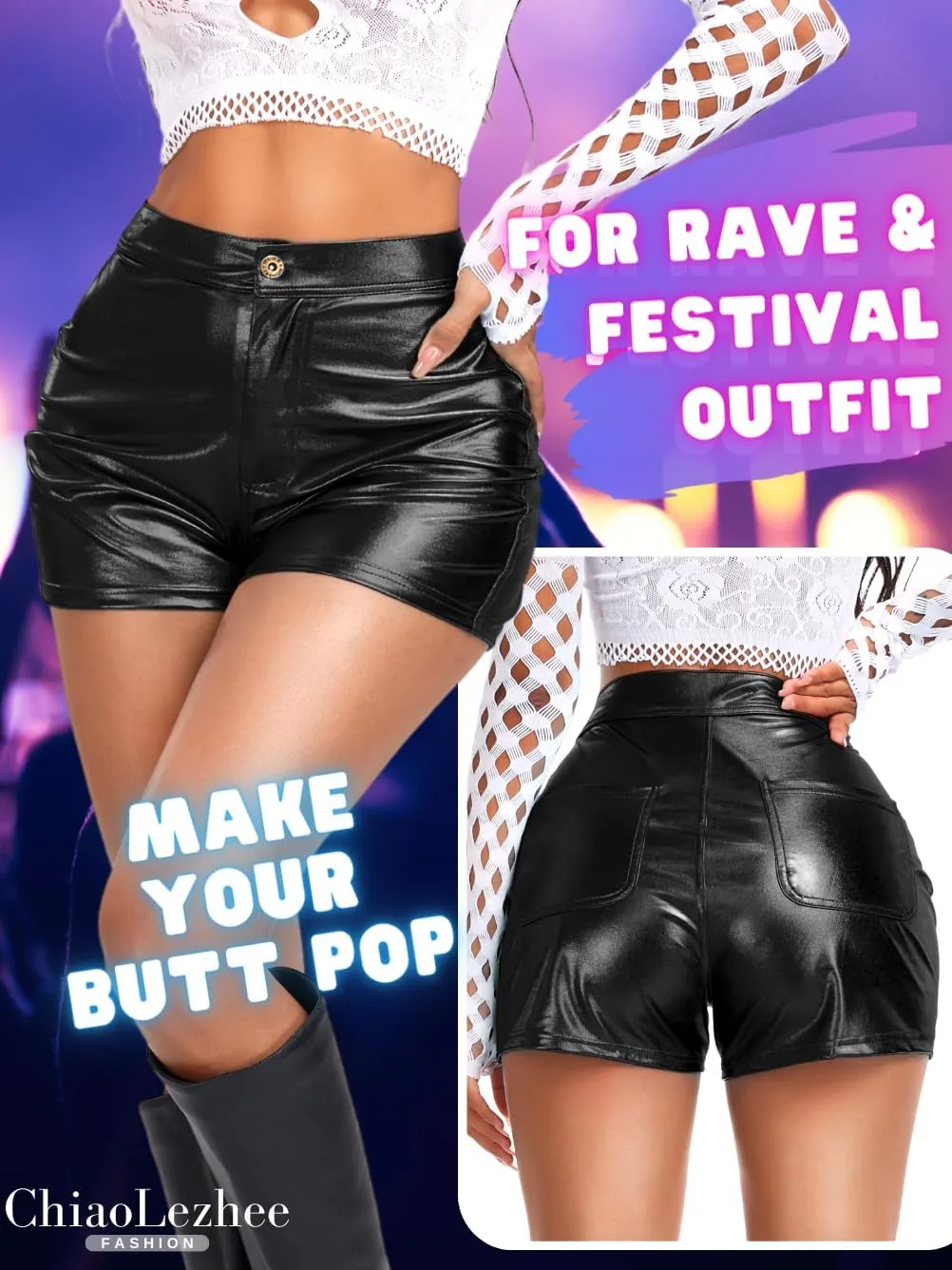 Sexy Booty Shorts, Faux Leather Rave Pants, High Waisted Plus Size