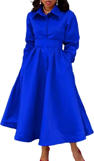 Sexyshine Women's Lapel Button Down Satin Maxi Dress Elegant Long Sleeve A Line Belted Pleated Flared Blouse Shirt Dress
