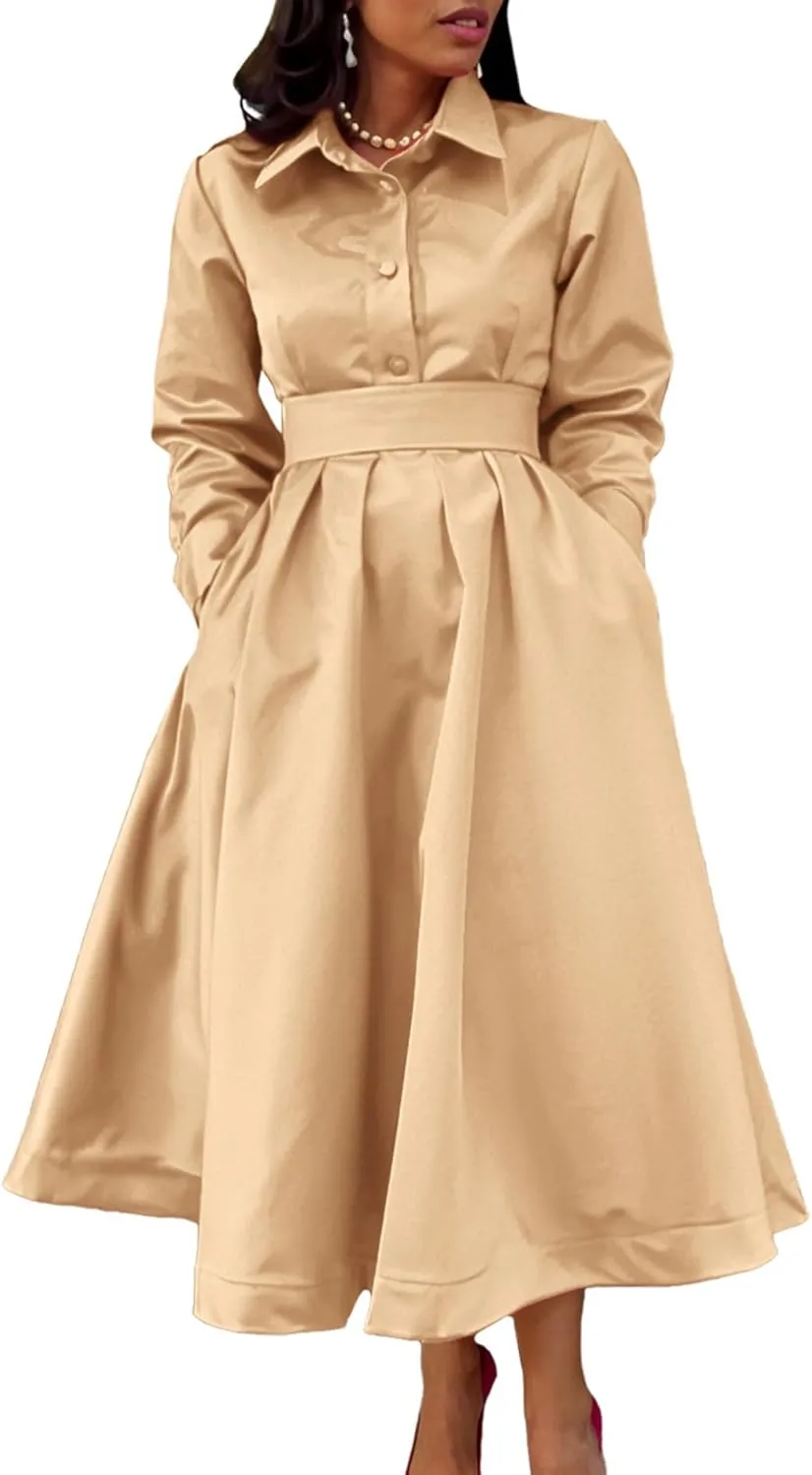 Sexyshine Women's Lapel Button Down Satin Maxi Dress Elegant Long Sleeve A Line Belted Pleated Flared Blouse Shirt Dress