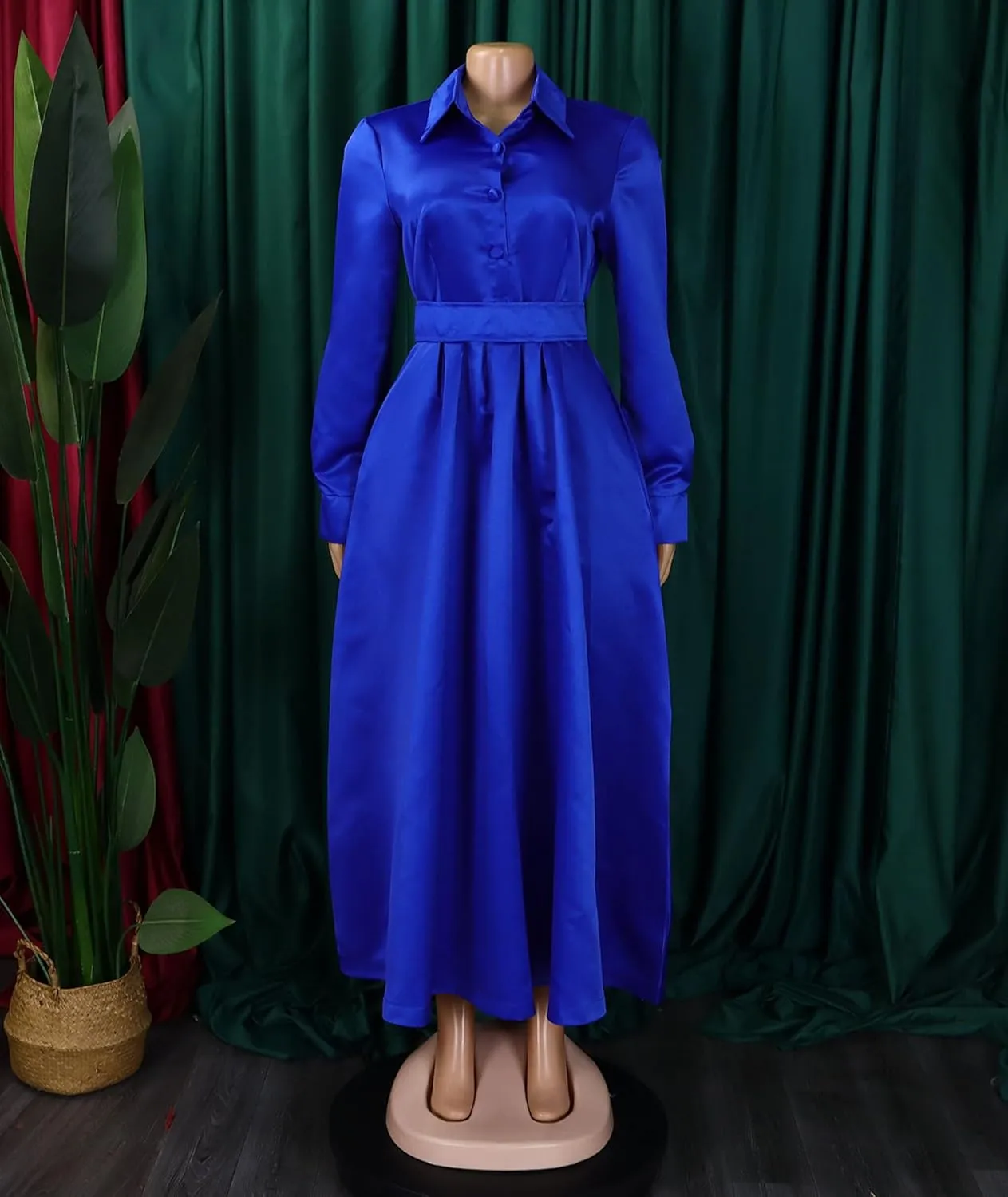 Sexyshine Women's Lapel Button Down Satin Maxi Dress Elegant Long Sleeve A Line Belted Pleated Flared Blouse Shirt Dress