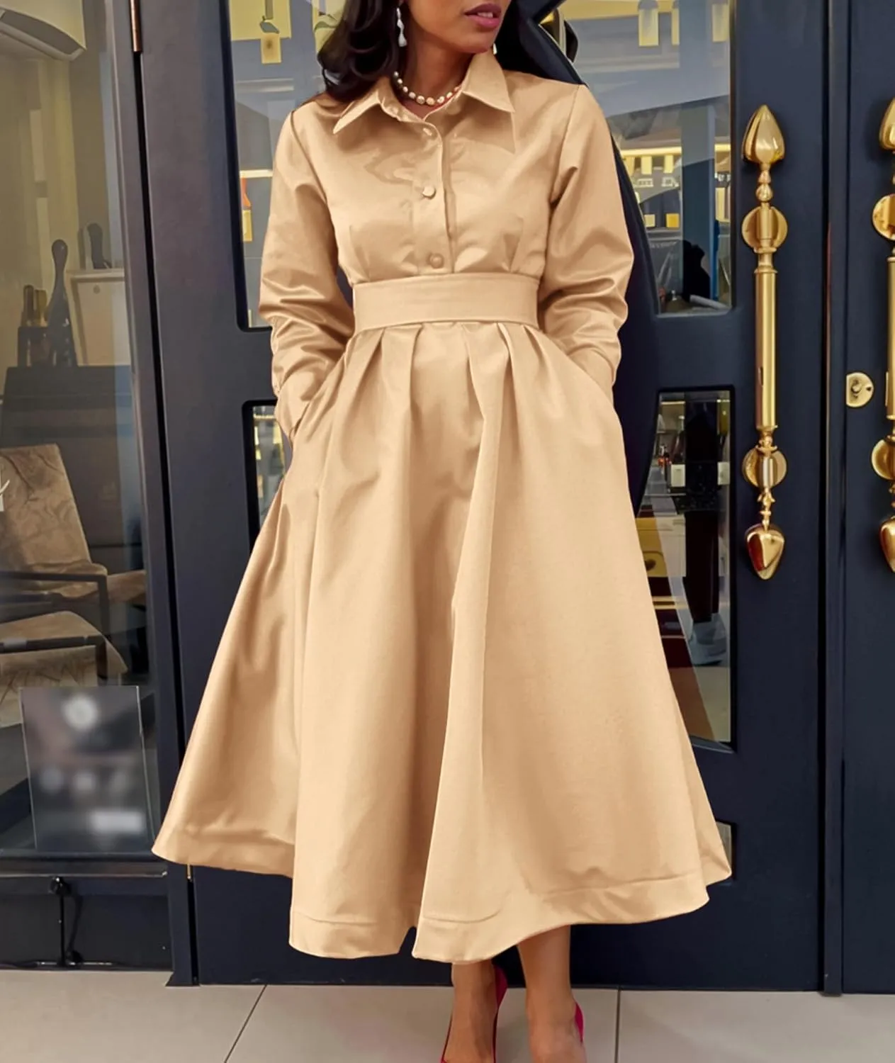 Sexyshine Women's Lapel Button Down Satin Maxi Dress Elegant Long Sleeve A Line Belted Pleated Flared Blouse Shirt Dress