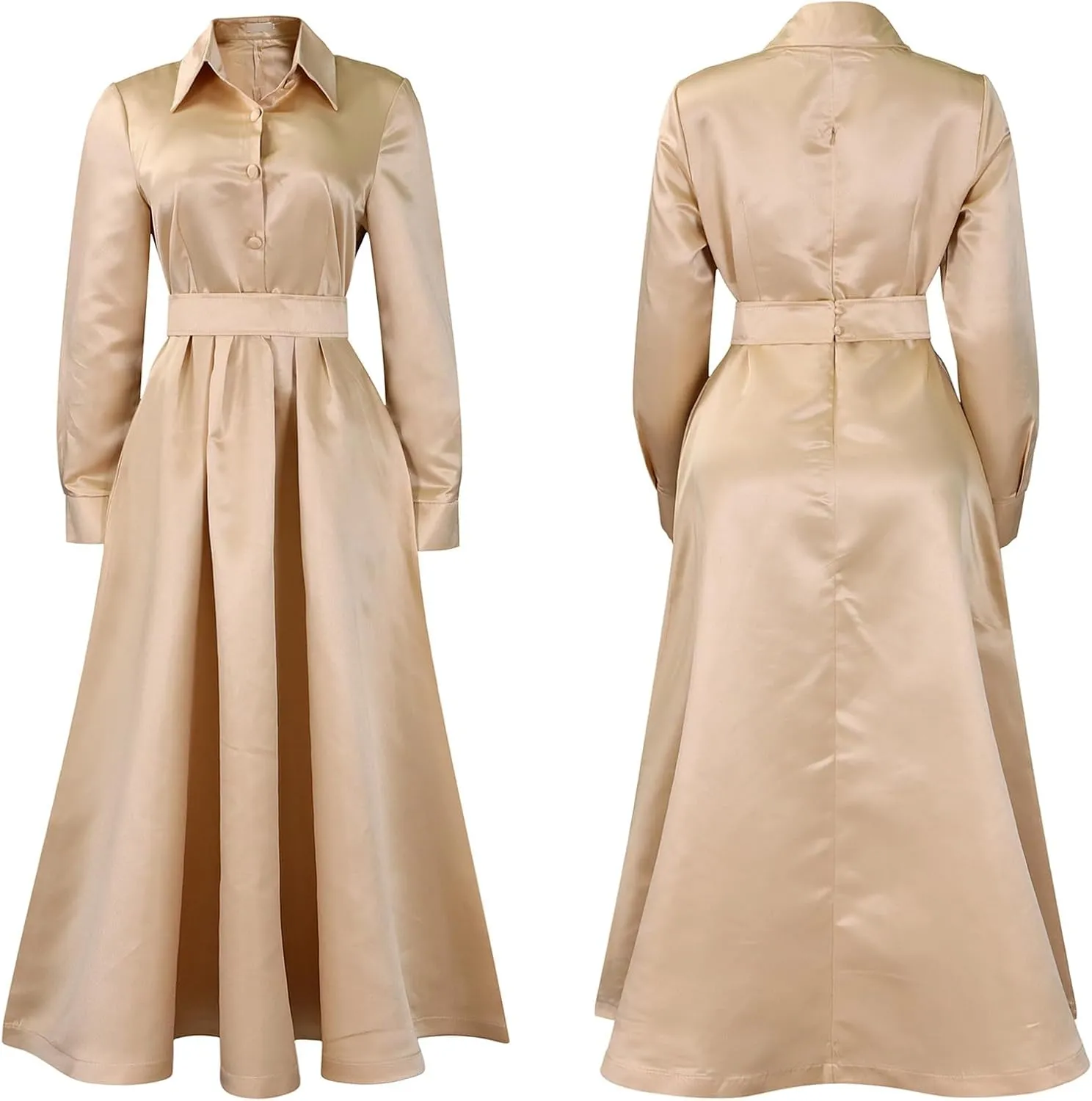 Sexyshine Women's Lapel Button Down Satin Maxi Dress Elegant Long Sleeve A Line Belted Pleated Flared Blouse Shirt Dress