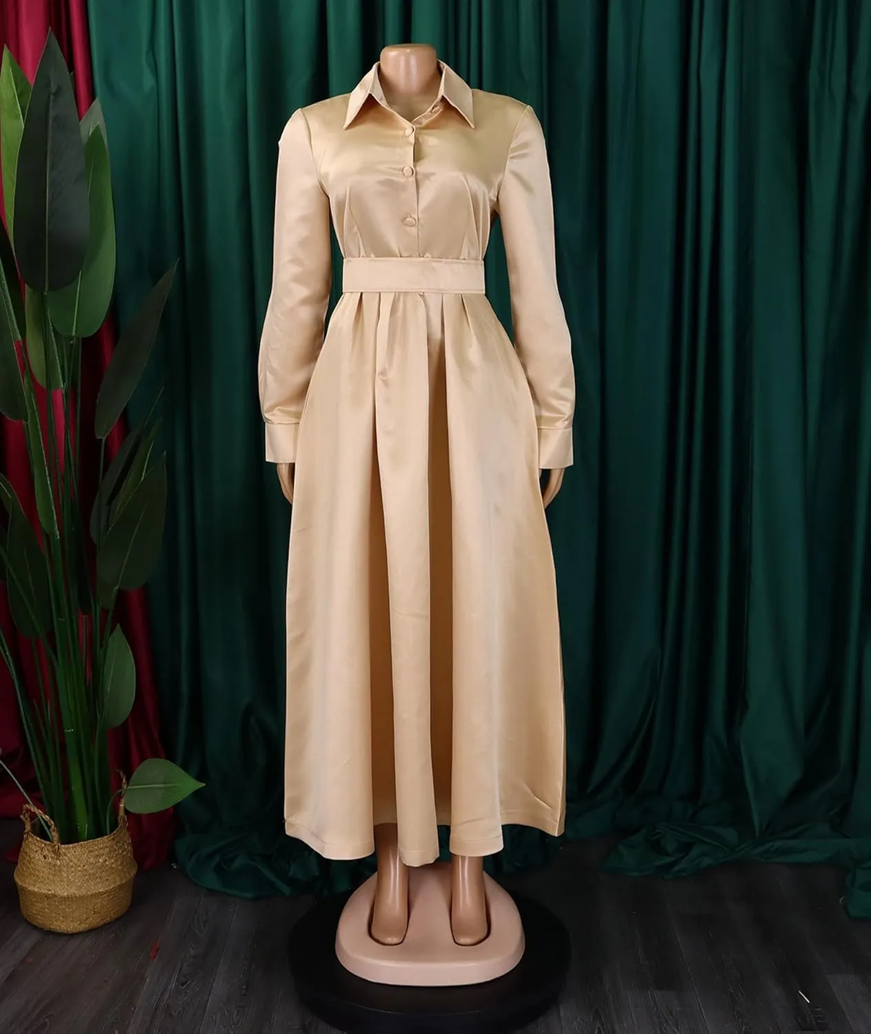 Sexyshine Women's Lapel Button Down Satin Maxi Dress Elegant Long Sleeve A Line Belted Pleated Flared Blouse Shirt Dress