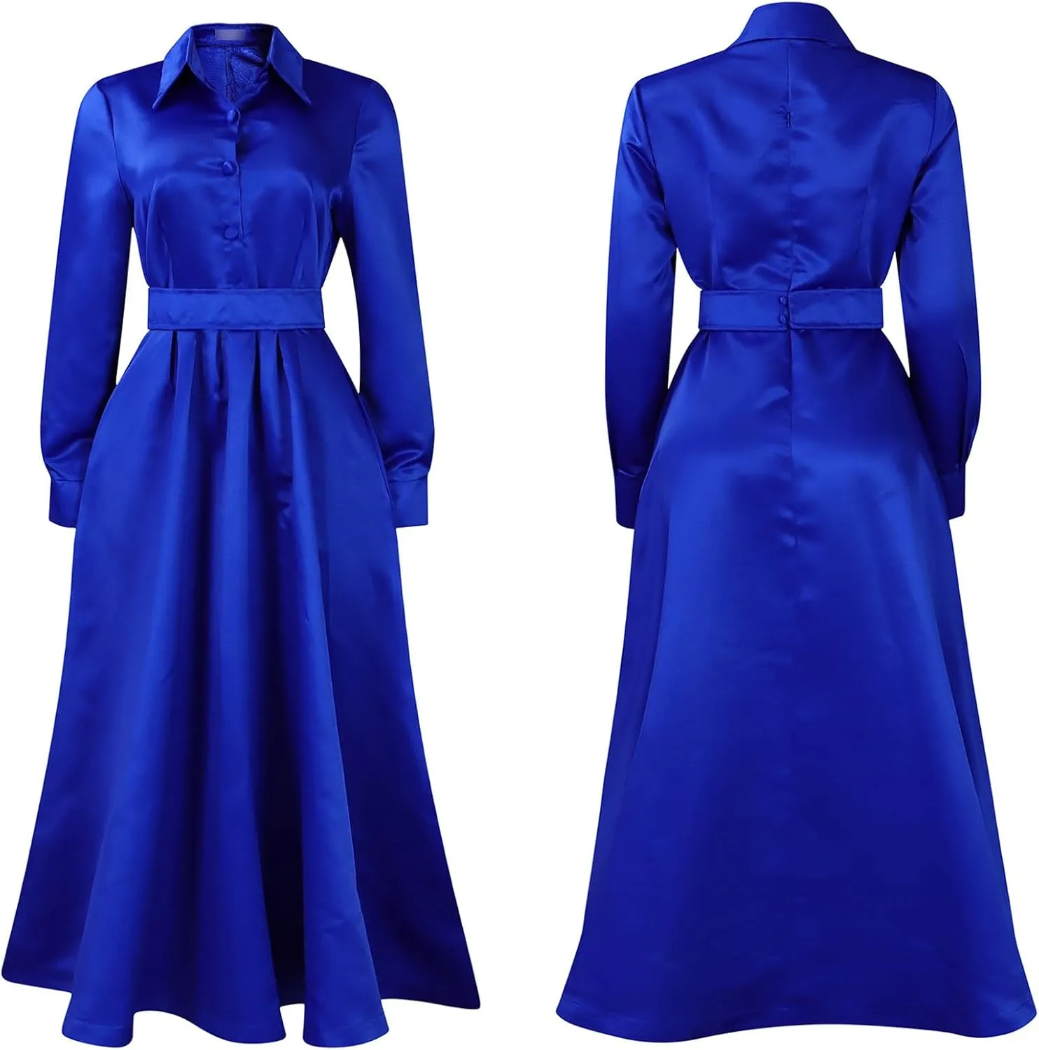Sexyshine Women's Lapel Button Down Satin Maxi Dress Elegant Long Sleeve A Line Belted Pleated Flared Blouse Shirt Dress