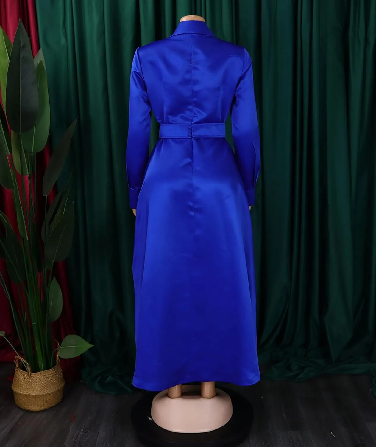 Sexyshine Women's Lapel Button Down Satin Maxi Dress Elegant Long Sleeve A Line Belted Pleated Flared Blouse Shirt Dress