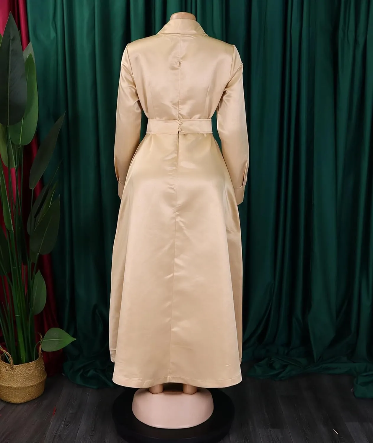 Sexyshine Women's Lapel Button Down Satin Maxi Dress Elegant Long Sleeve A Line Belted Pleated Flared Blouse Shirt Dress