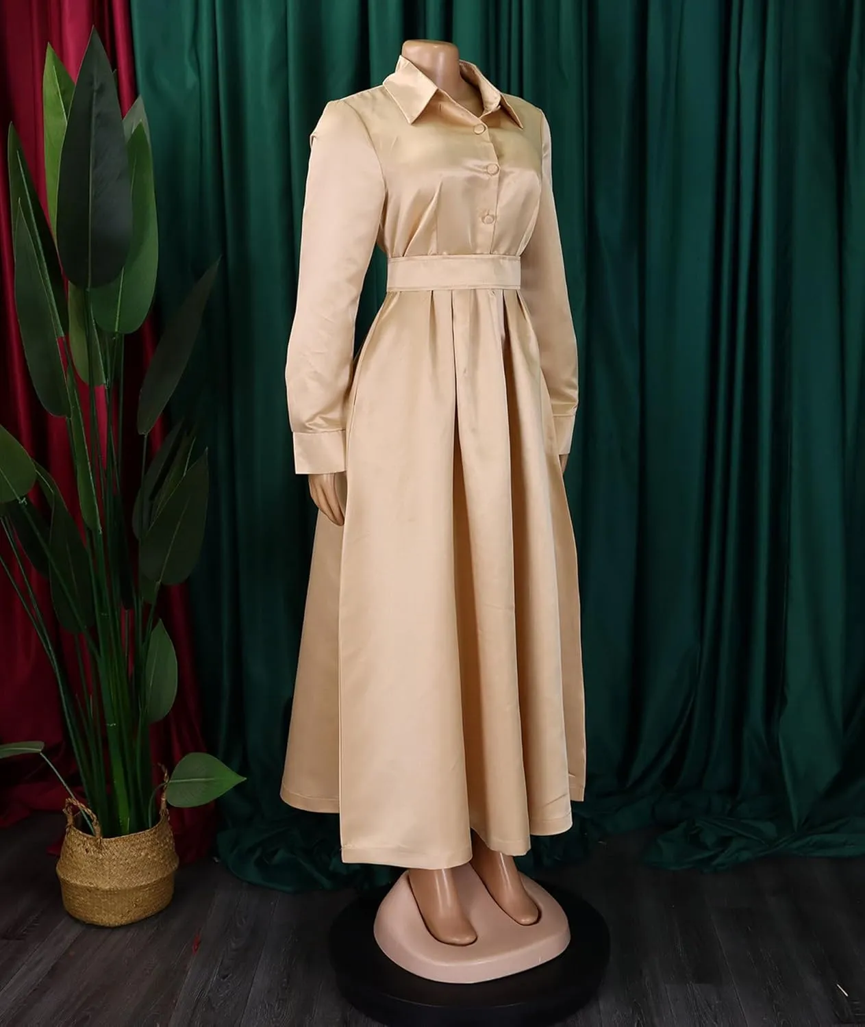 Sexyshine Women's Lapel Button Down Satin Maxi Dress Elegant Long Sleeve A Line Belted Pleated Flared Blouse Shirt Dress