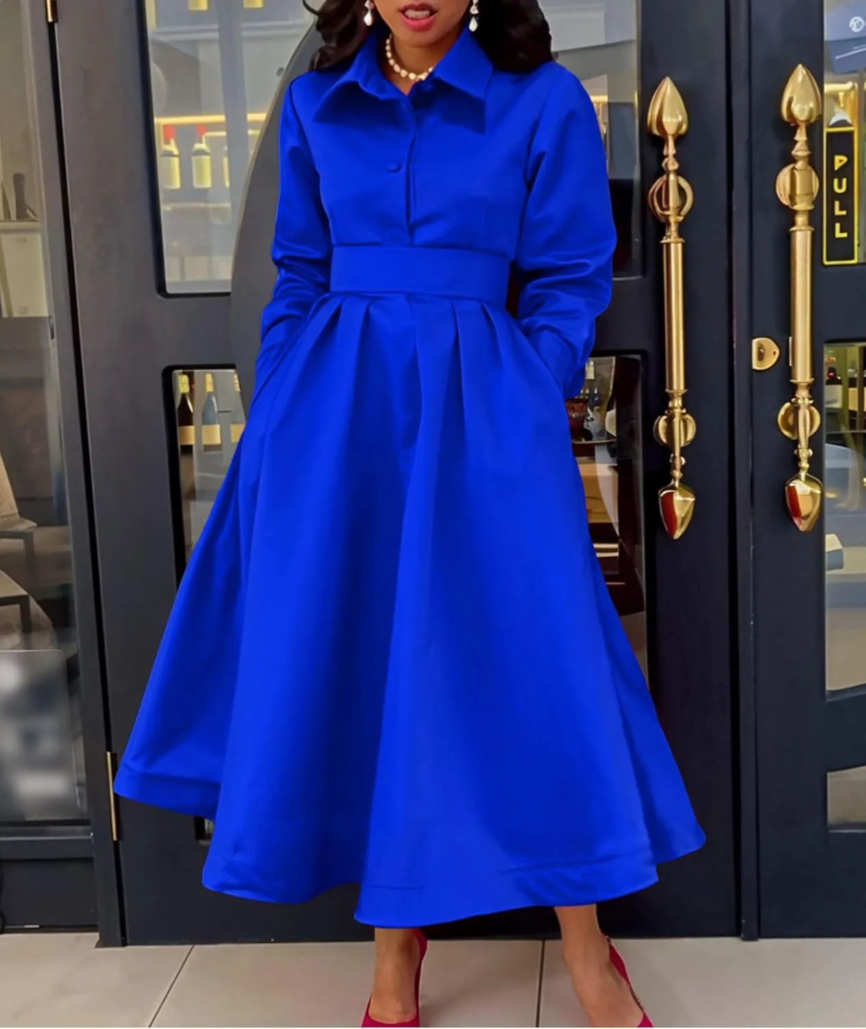 Sexyshine Women's Lapel Button Down Satin Maxi Dress Elegant Long Sleeve A Line Belted Pleated Flared Blouse Shirt Dress