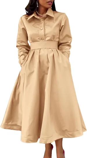 Sexyshine Women's Lapel Button Down Satin Maxi Dress Elegant Long Sleeve A Line Belted Pleated Flared Blouse Shirt Dress