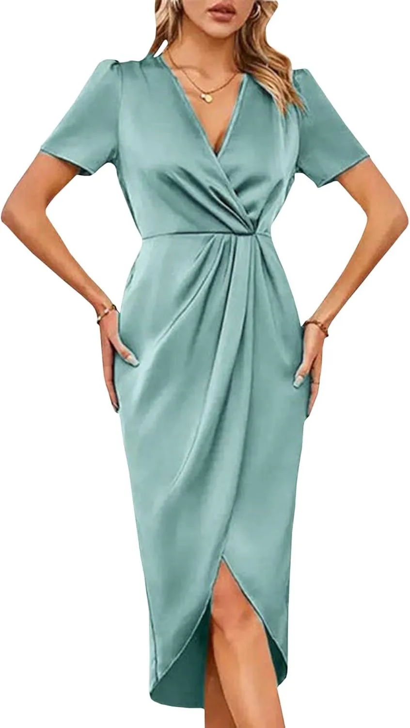 Sexyshine Women's Wrap V Neck Short Sleeve Satin Midi Dress Split Hem Ruched Pleated Formal Evening Party Dresses
