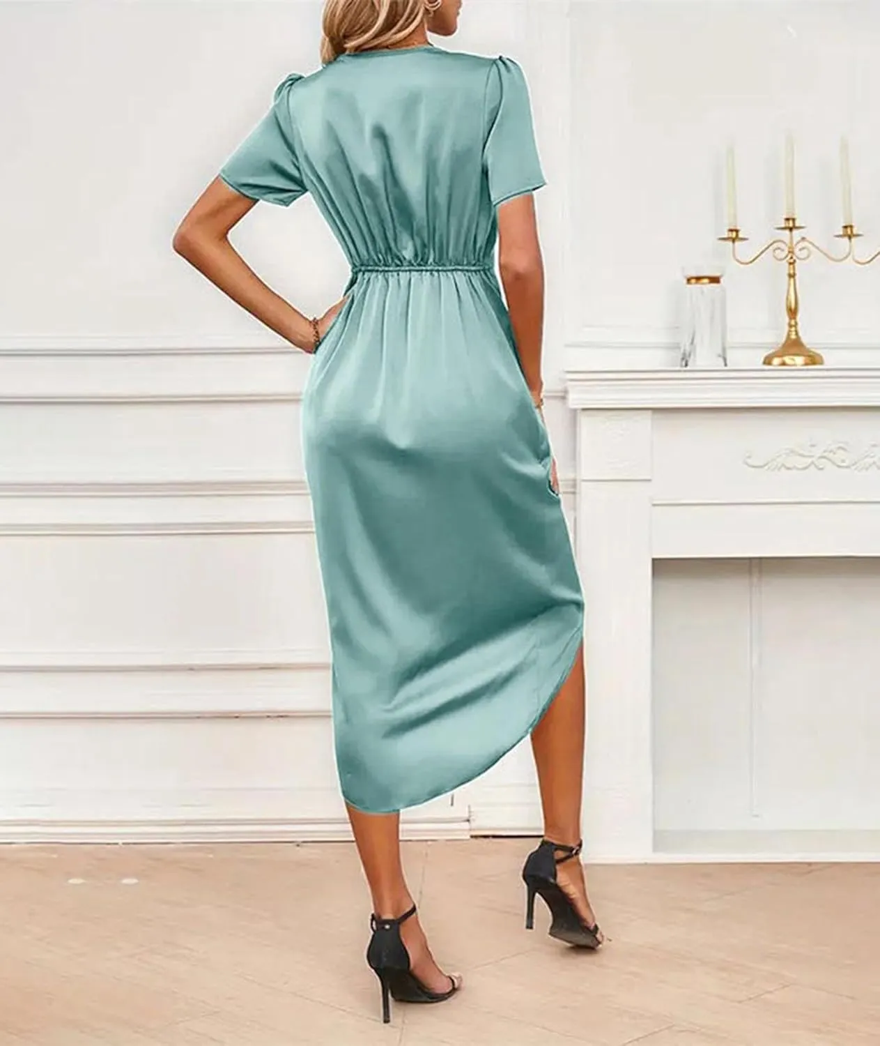 Sexyshine Women's Wrap V Neck Short Sleeve Satin Midi Dress Split Hem Ruched Pleated Formal Evening Party Dresses