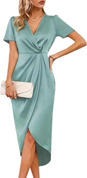 Sexyshine Women's Wrap V Neck Short Sleeve Satin Midi Dress Split Hem Ruched Pleated Formal Evening Party Dresses