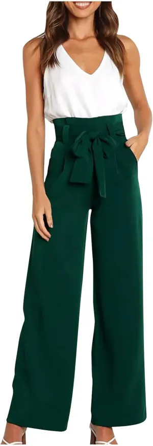 SMIDOW Womens High Waist Wide Leg Pants Paper Bag Business Casual Dress Pant Palazzo Long Work Trousers with Pockets