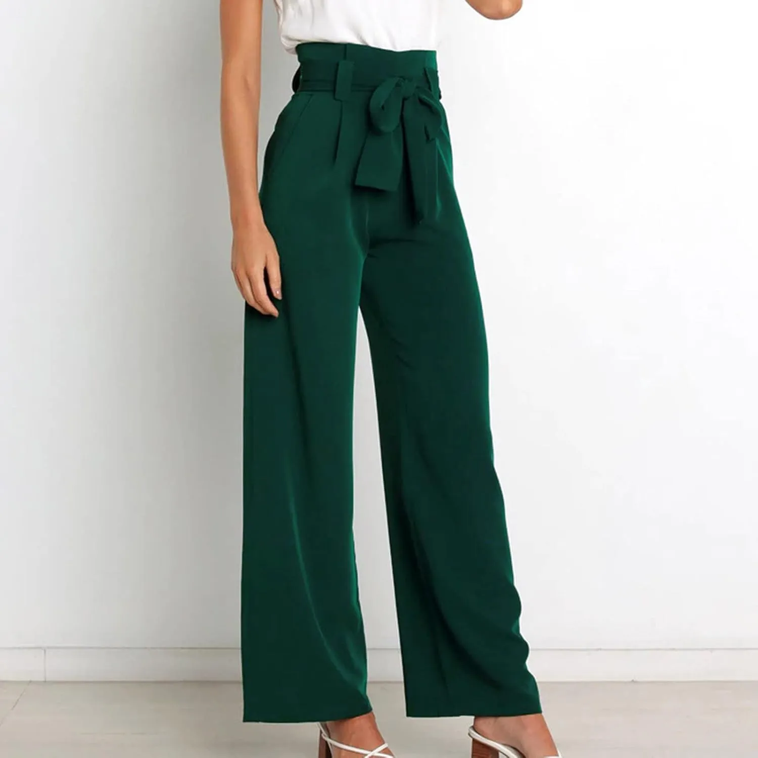 SMIDOW Womens High Waist Wide Leg Pants Paper Bag Business Casual Dress Pant Palazzo Long Work Trousers with Pockets