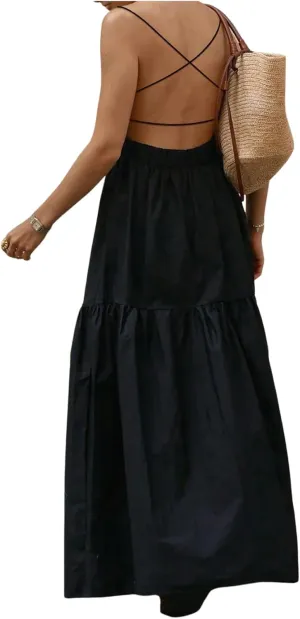 SOLY HUX Women's Summer Maxi Dress Criss Cross Backless Spaghetti Strap Ruffle Flowy Long Cami Dresses Sundress