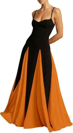 Spaghetti Straps Prom Dresses Sleeveless Patchwork Pleated Maxi Long Evening Dress EEM112