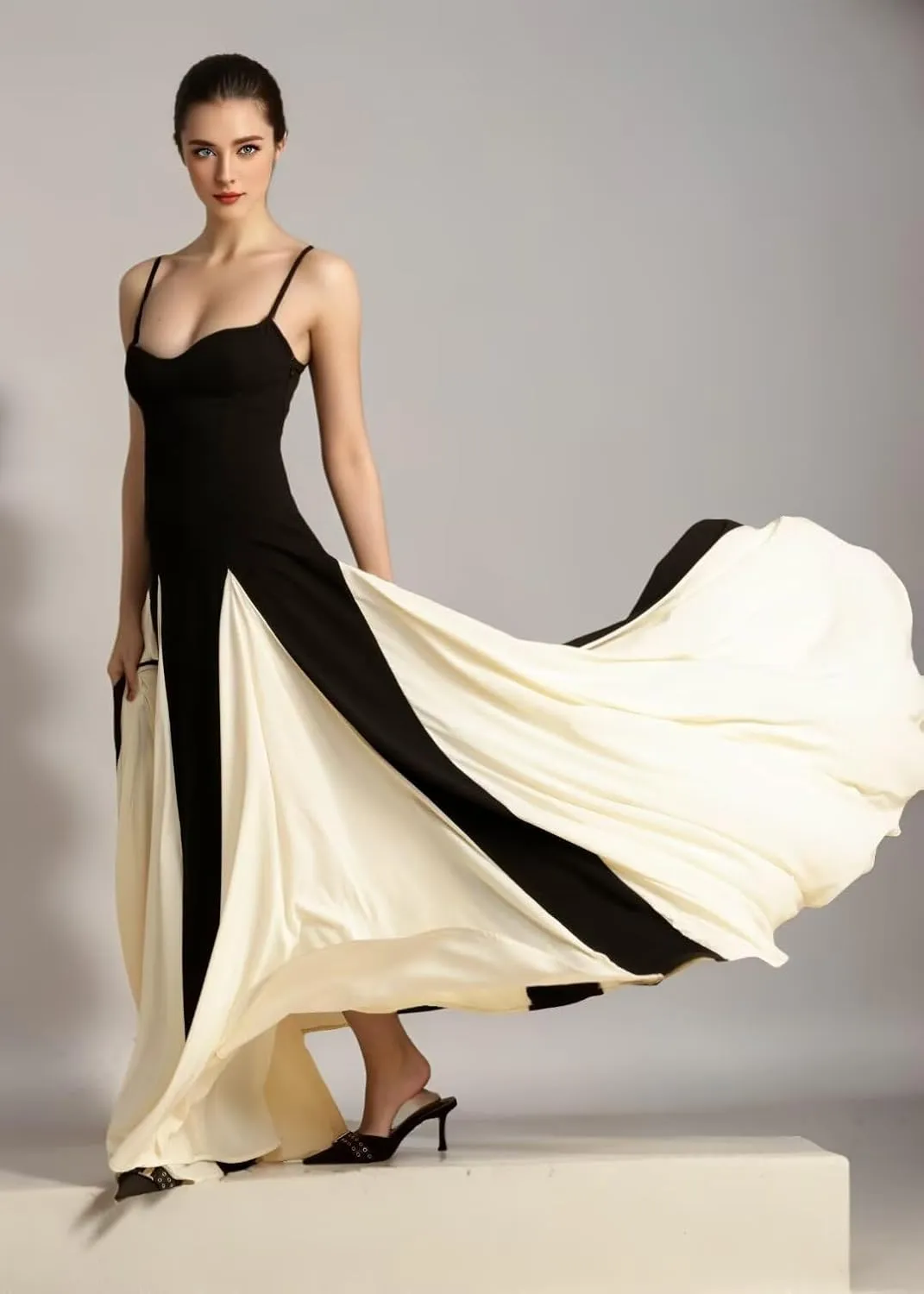 Spaghetti Straps Prom Dresses Sleeveless Patchwork Pleated Maxi Long Evening Dress EEM112