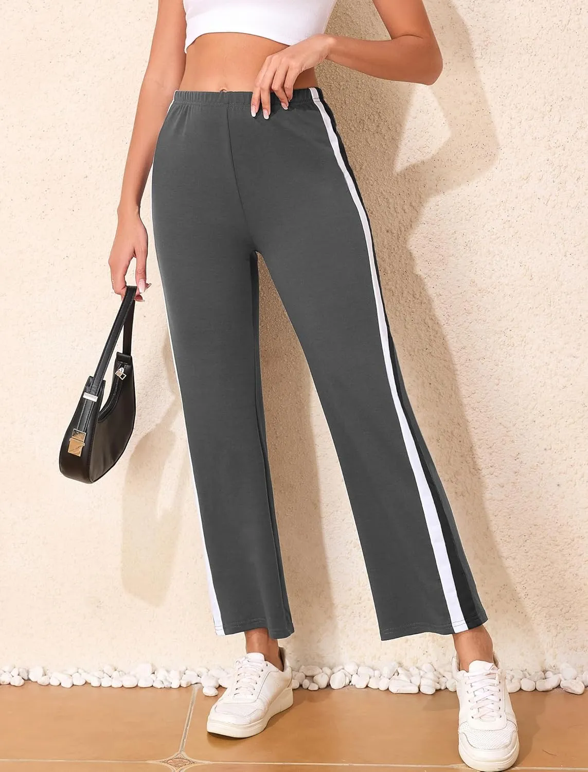 Sports Pants for Women High Waist Tummy Control Trousers Elastic Color Block Flare Sweatpants