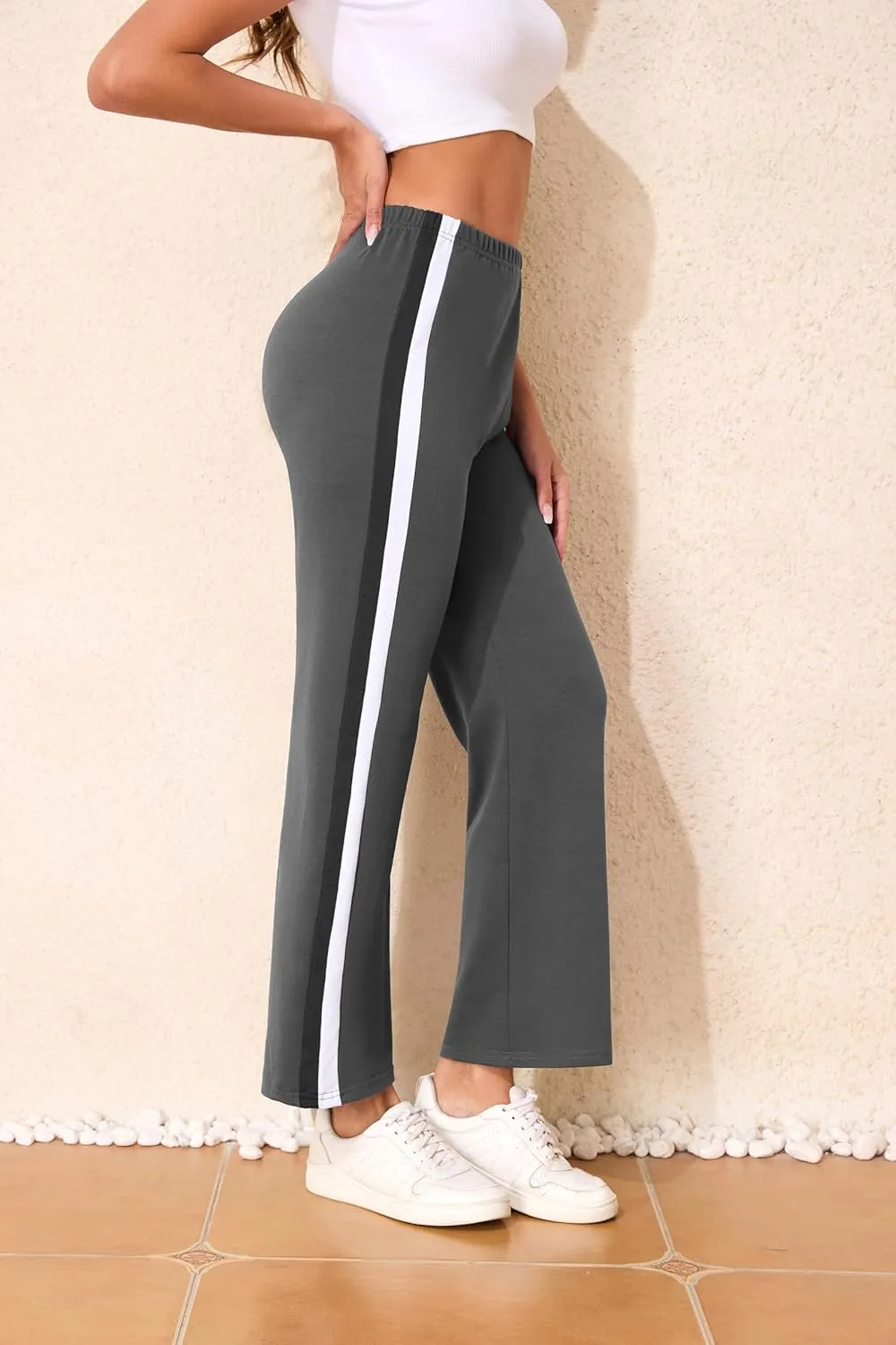 Sports Pants for Women High Waist Tummy Control Trousers Elastic Color Block Flare Sweatpants
