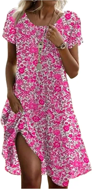 Spring Dresses for Women 2025 Trendy Graphic Printed Short Sleeve Scoop Neck Loose Bohomian Dress