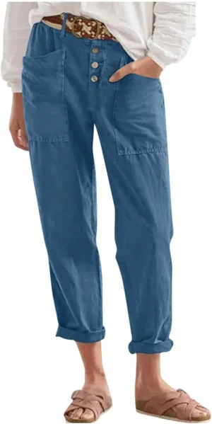 Straight Leg Trousers for Women High Waisted Button Down Linen Pants Vintage Lightweight Solid Dress Pants with Pockets