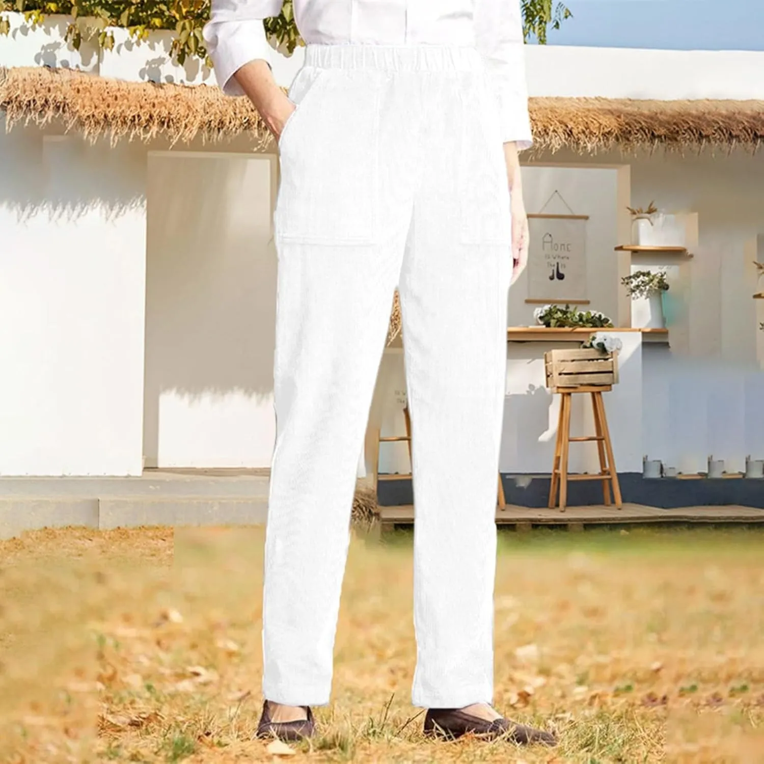 Straight Wide Leg Corduroy Pants Women Business Casual High Waisted Pull On Work Pants Comfy Soft Elastic Waist Pants