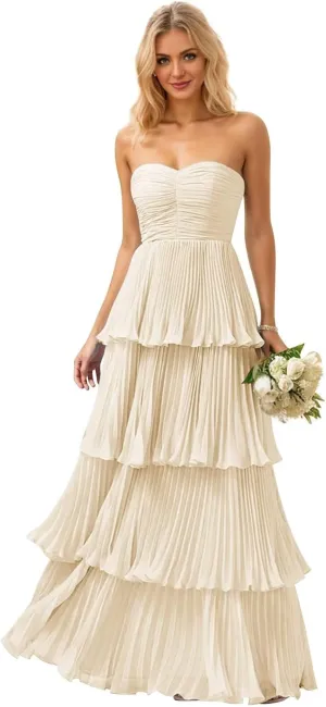 Strapless Ruffle Prom Dresses 2025 Tiered Long Evening Gown Chiffon Sweetheart Formal Dress