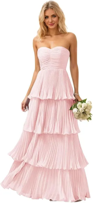 Strapless Ruffle Prom Dresses 2025 Tiered Long Evening Gown Chiffon Sweetheart Formal Dress