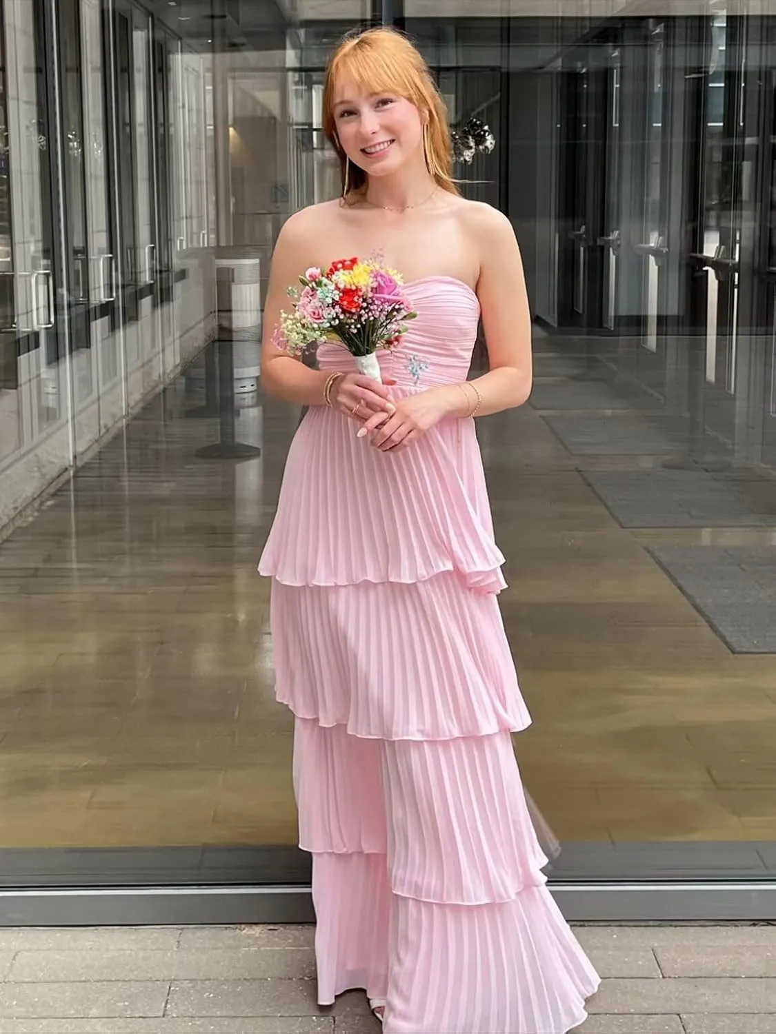 Strapless Ruffle Prom Dresses 2025 Tiered Long Evening Gown Chiffon Sweetheart Formal Dress