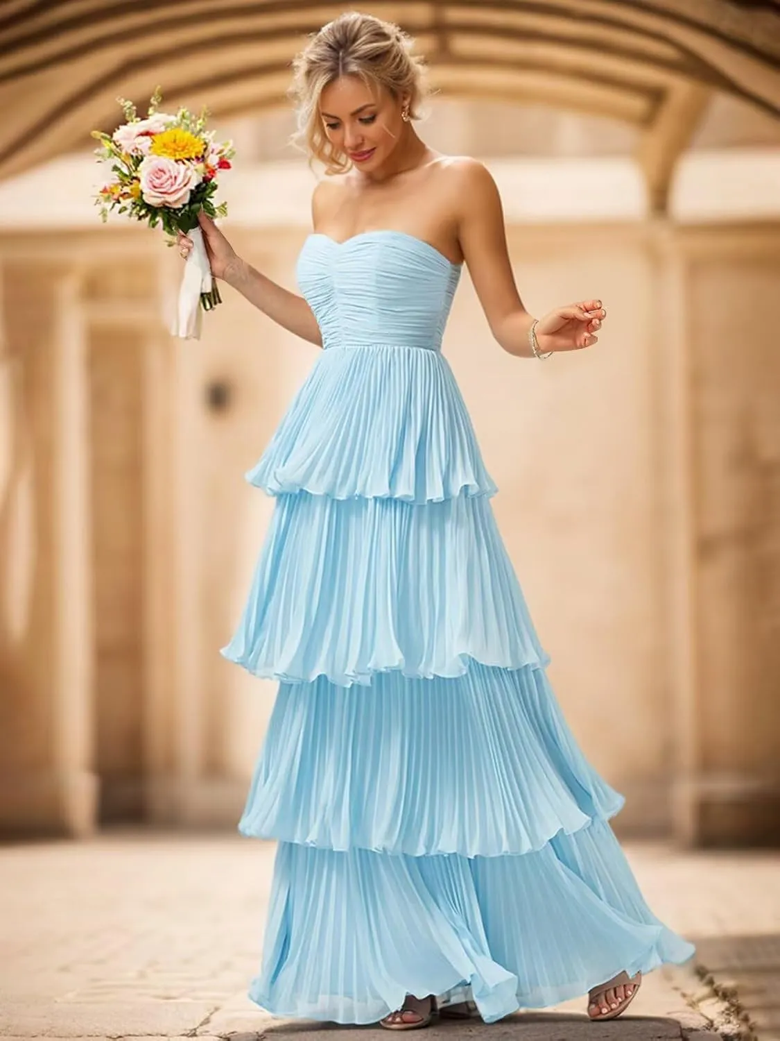 Strapless Ruffle Prom Dresses 2025 Tiered Long Evening Gown Chiffon Sweetheart Formal Dress
