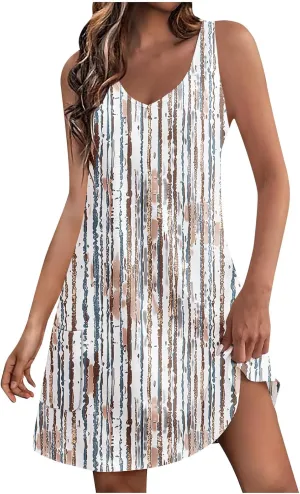 Summer Dresses for Women Fashion Beach Vacation Boho Floral Tunic Dress Sexy v Neck Sleeveless Mini Tank Sundress