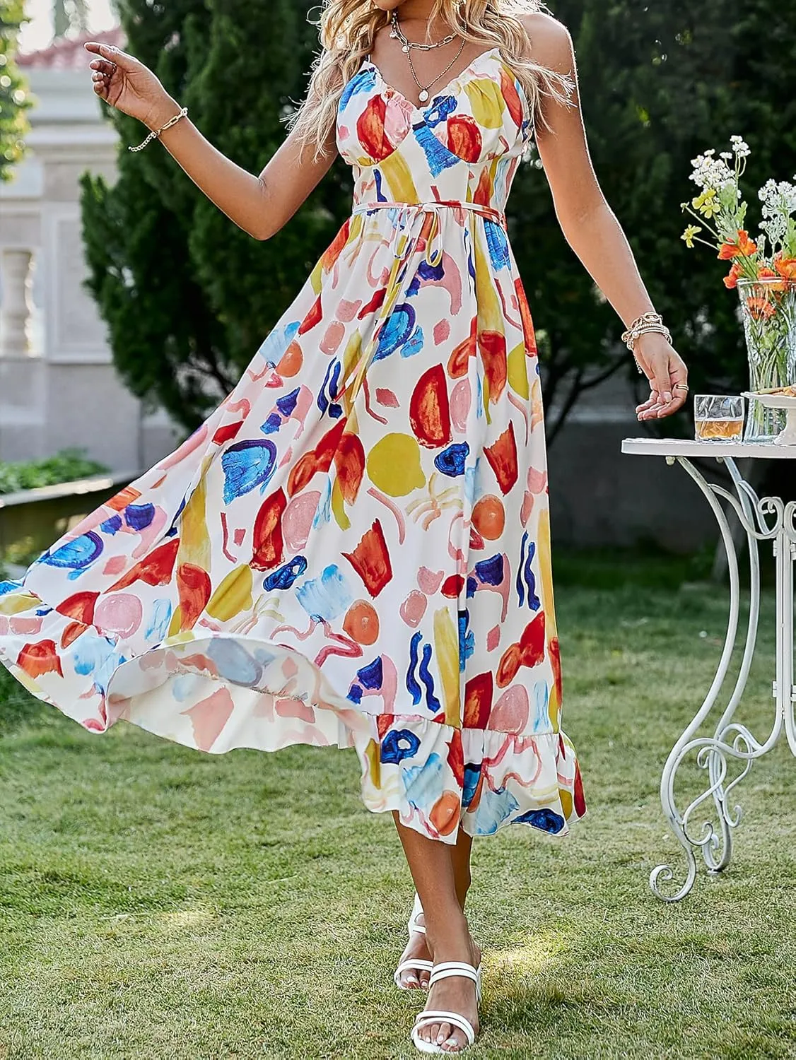 Summer Midi Dress for Women Spaghetti Strap V Neck Floral Sundress a Line Swing Beach Dress