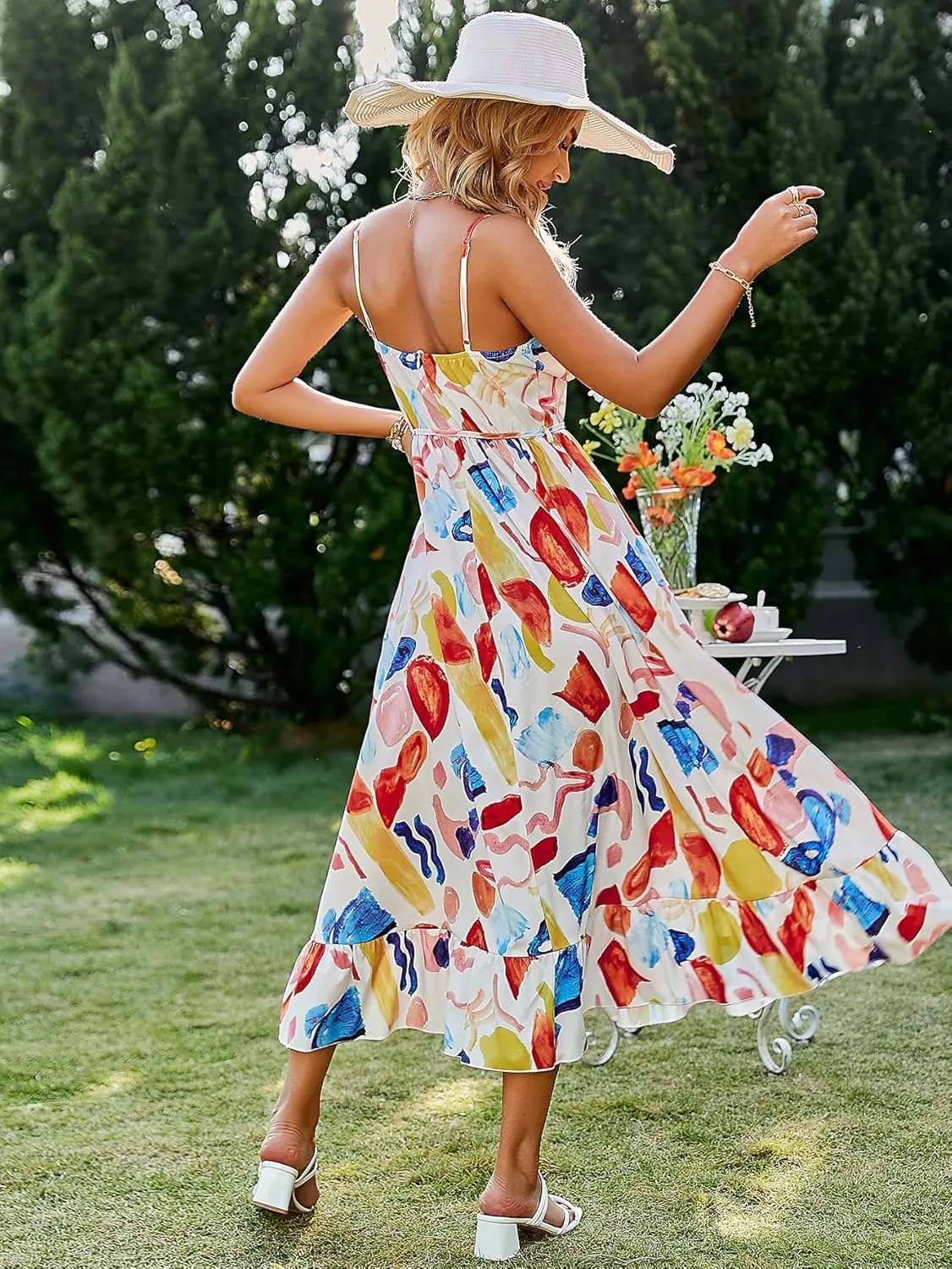 Summer Midi Dress for Women Spaghetti Strap V Neck Floral Sundress a Line Swing Beach Dress